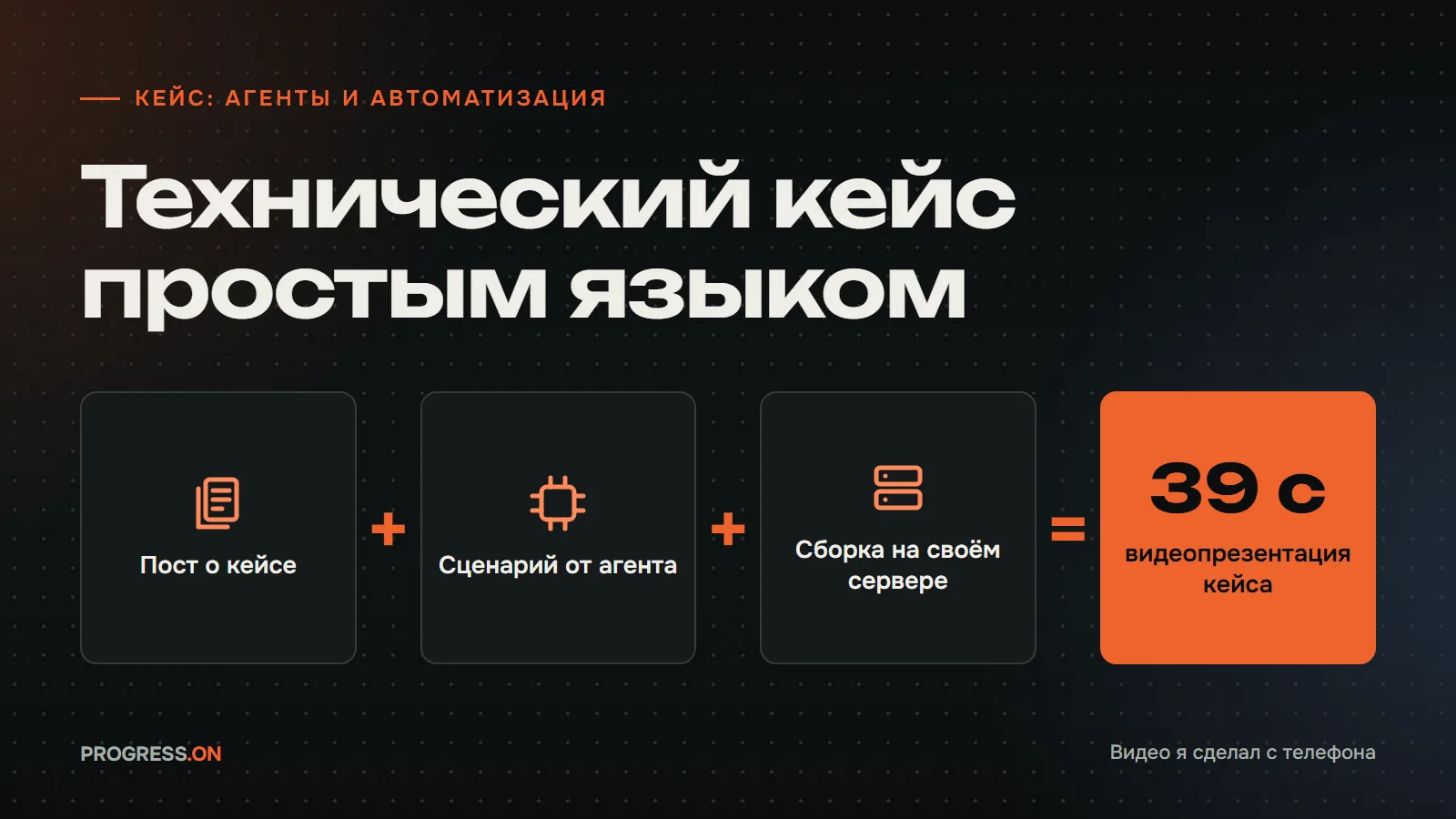 Тёмная обложка с надписью «Технический кейс простым языком» и формулой из плиток: пост о кейсе плюс сценарий от агента плюс сборка на своём сервере равно 39 с, видеопрезентация кейса; внизу пометка «Видео я сделал с телефона»