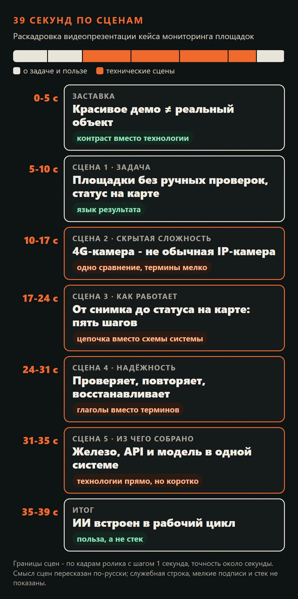 Вертикальная раскадровка видео длиной 39 секунд: полоса времени, где заставка, задача и итог (о задаче и пользе) отмечены светлым, а технические сцены про сложность, работу системы, надёжность и состав системы - оранжевым; ниже семь карточек с временем и смыслом каждой сцены